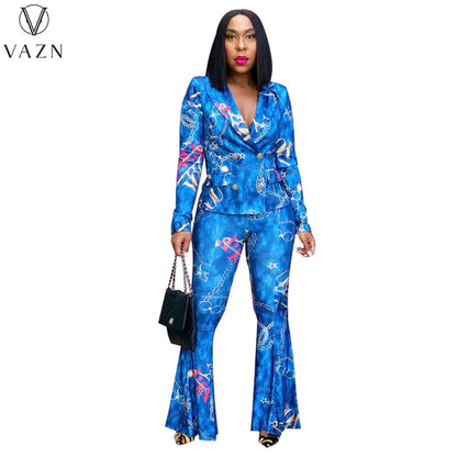 VAZN 2023 Autumn Latest Style Retro Print Office Lady Full Sleeve Suits Open Stitch +Long Boot Cut Pants Women 2 Piece Set