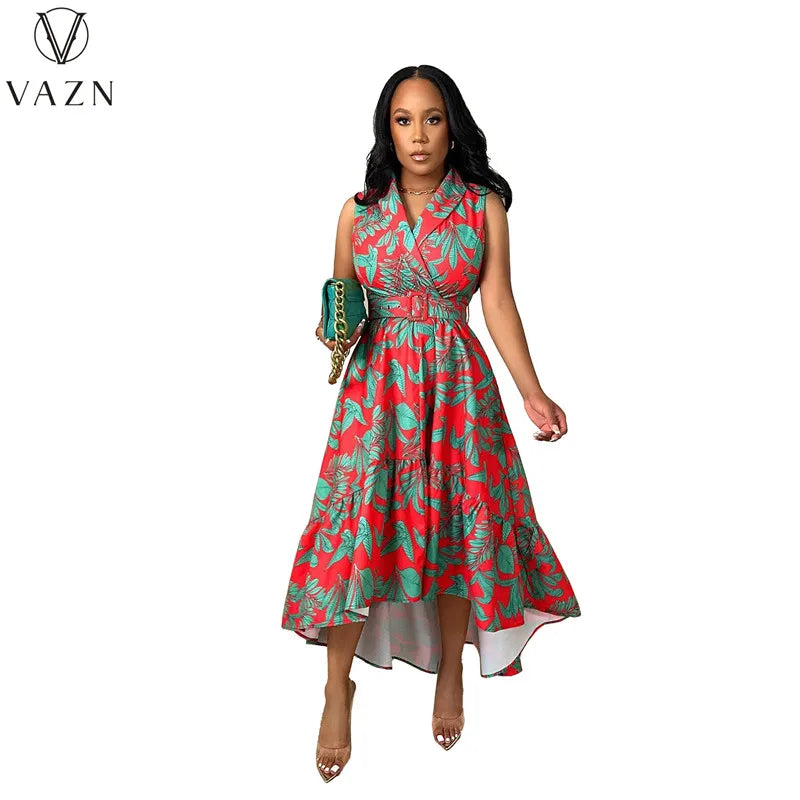 VAZN 2023 Fashion Hot Sale Women New Street Casual Style Long Dress Sleeveless Lapel Dress Printed Lady Ankle Length Dress