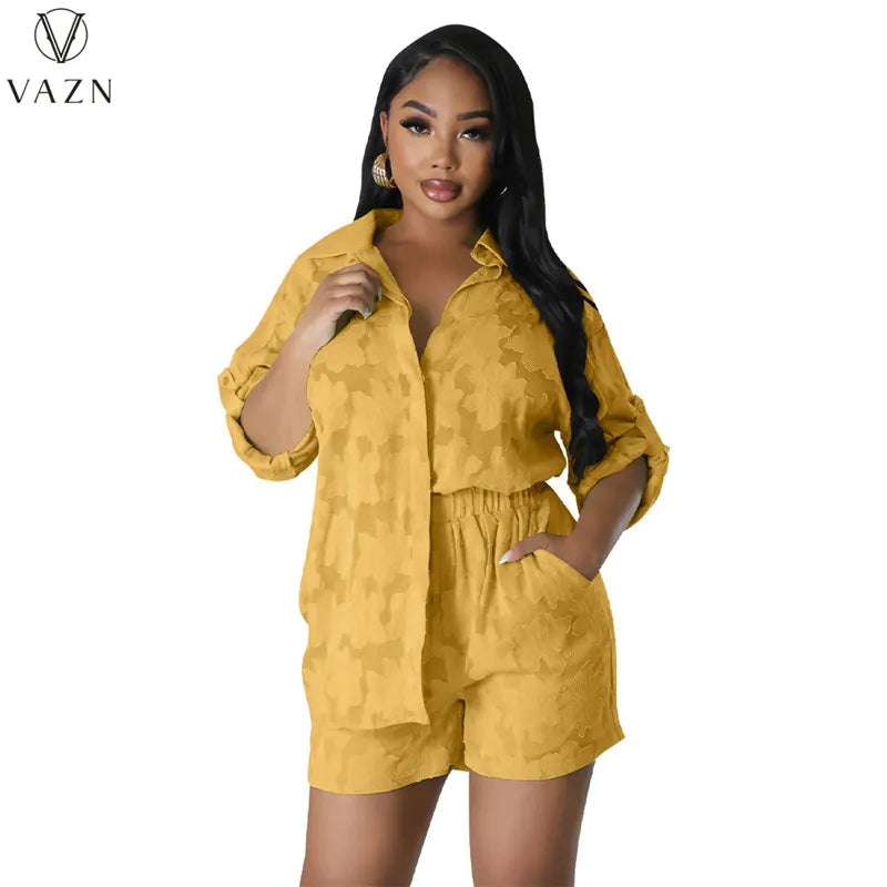 VAZN 2023 Street Casual Style Women Sets Long Sleeve Lapel Shirt Elastic Pockets Short Pants Lady Pure Color Lady Two Piece Set