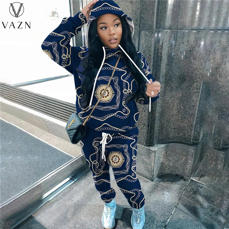 VAZN New 2022 Fashion Street Casual Style Women Suit Long Sleeve Hooded Collar Top Elastic Long Pants Printed Two Piece Sets