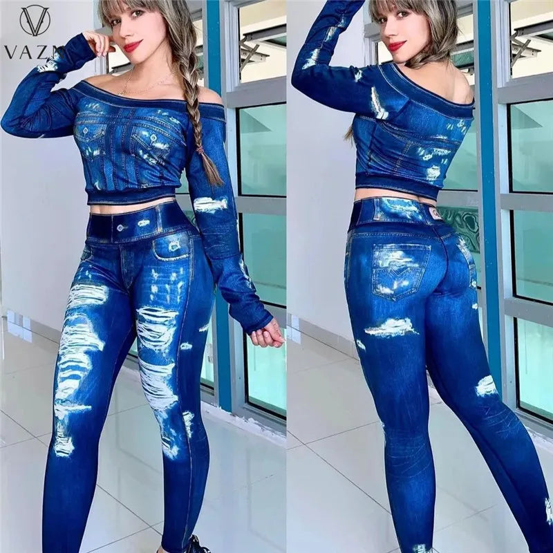 VAZN New 2023 Fashion Street Casual Style Women Suit Long Sleeve Card Shoulder Top Elastic Long Pants Printed Two Piece Sets