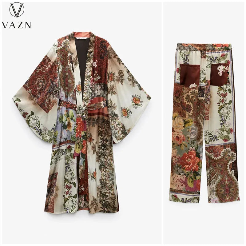 VAZN 2023 New Fashion Lady Casual Street Style 2 Piece Sets Long Sleeve Long Top Elastic Long Pants Printed Women Sets