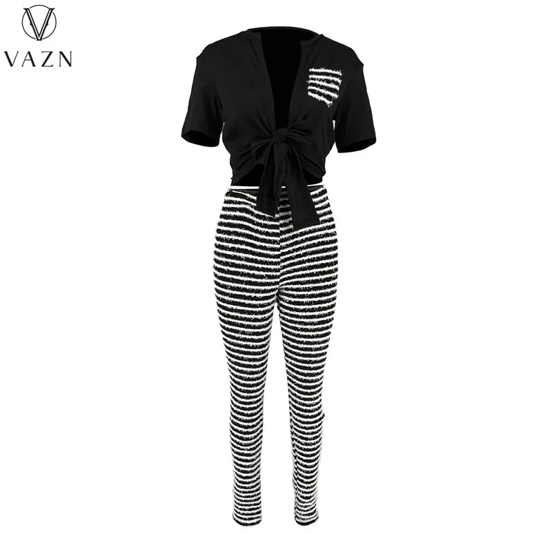 VAZN New 2023 Short Sleeve Deep V Short Top Elastic Long Pants Printed  Lady 2 Piece Set Sexy Street Style Women Suit