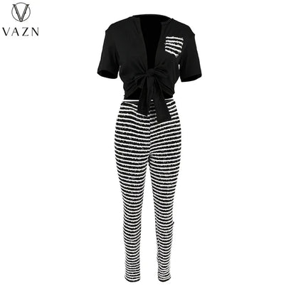 VAZN New 2023 Short Sleeve Deep V Short Top Elastic Long Pants Printed  Lady 2 Piece Set Sexy Street Style Women Suit