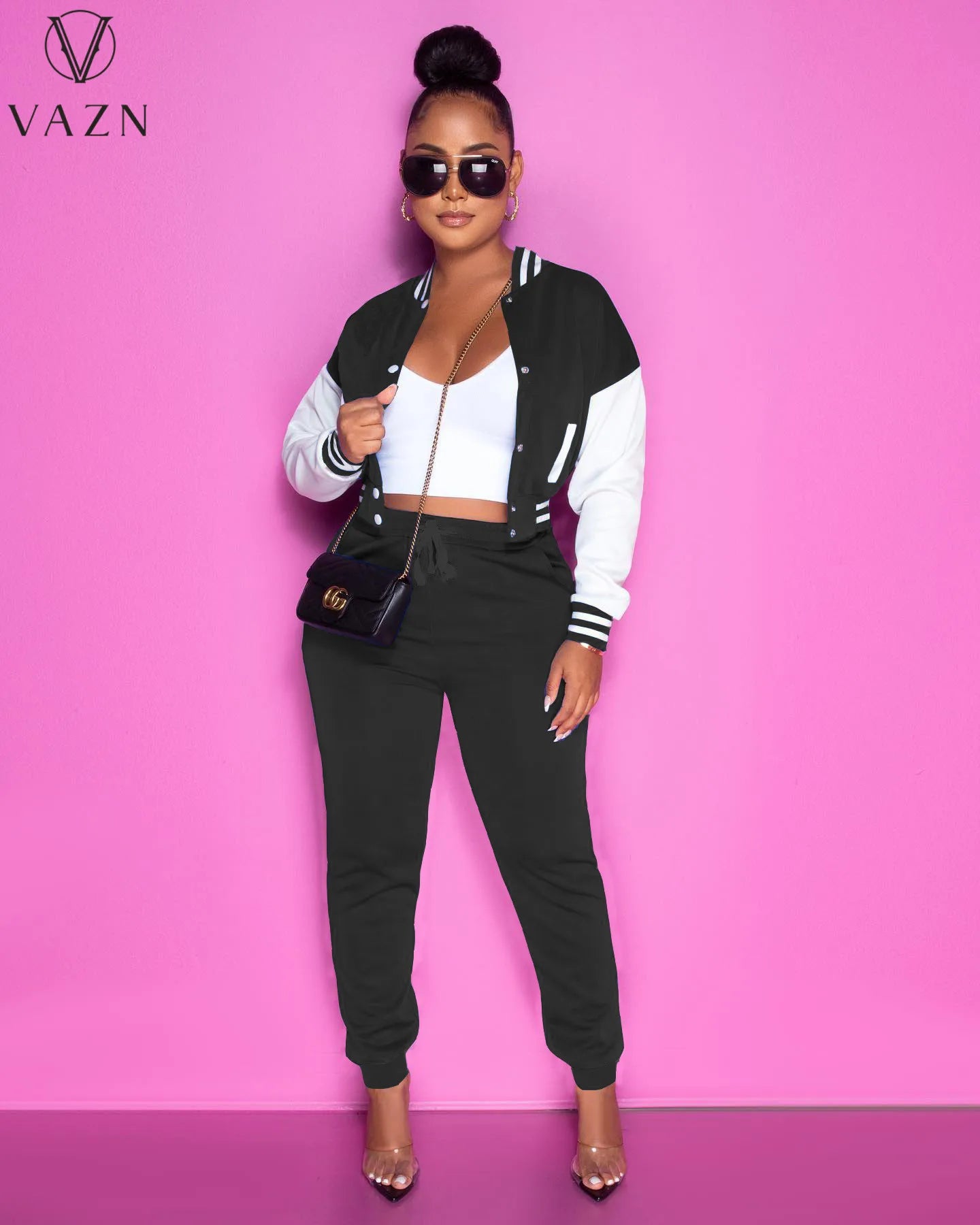 VAZN 2022 Fashion Lady Street Casual Style 2 Piece Sets Long Sleeve Short Top Elastic Long Pants Pure Color Women Suit