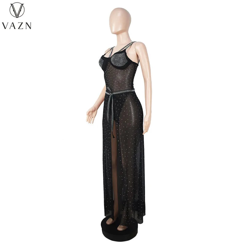 VAZN 2022 Sexy Club Party Style Women Suit Sleeveless Jumpsuits Elastic Floor Length Skirt Pure Color Two Piece Set