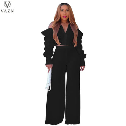 VAZN 2022 New Street Casual Style Women Suit Long Sleeve Single Breasted Shirt Elastic Long Pants Two Piece Set