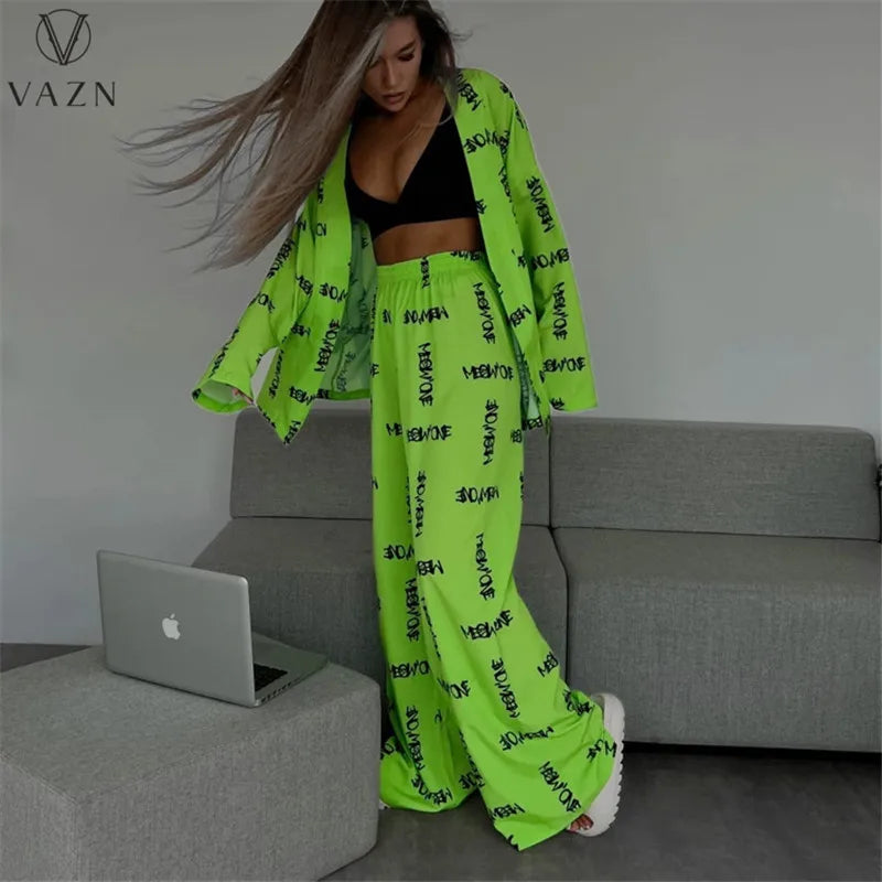 VAZN New 2023 Long Sleeve No Collar Top Elastic Long Pants Printed Lady 2 Piece Set Casual Street Style Women Suit