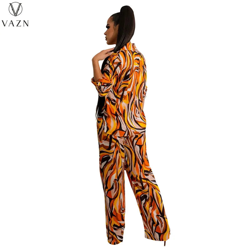 VAZN New 2022 Long Sleeve Lapel Shirt Elastic Long Pants Printed Lady 2 Piece Set Casual Street Style Women Suit