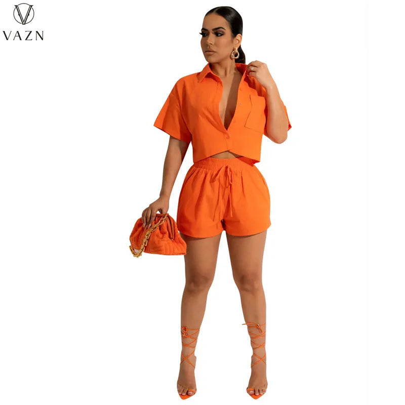 VAZN 2022 New Street Casual Style Women Suit Short Sleeve Single Breasted Shirt Elastic Short Pants Two Piece Set