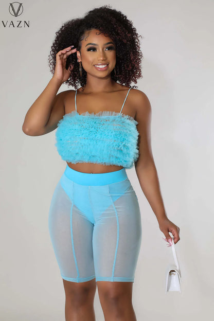 VAZN 2022 Sleeveless Dew Waist Top Elastic Short Pants Pure Color 2 Piece Set New Women Sexy Club Party Style Sets