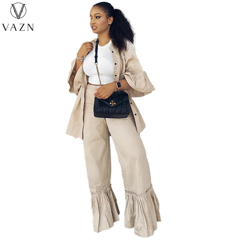 VAZN New 2023 Half Sleeve Single Breasted Top Elastic Long Pants Pure Color Lady 2 Piece Set Casual Street Style Women Suit