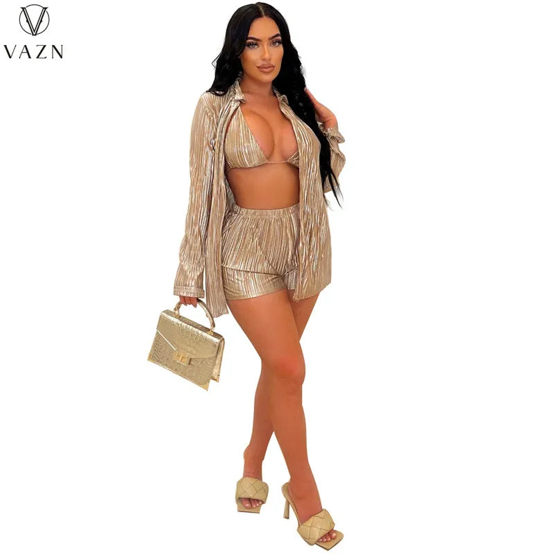 VAZN 2022 Long Sleeve Lapel Outwear Short Top Elastic Short Pants Pure Color 3 Piece Sets Fashion Street Casual Style Women Suit