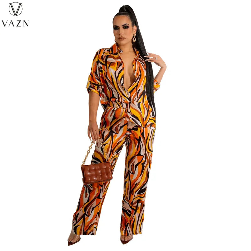 VAZN New 2022 Long Sleeve Lapel Shirt Elastic Long Pants Printed Lady 2 Piece Set Casual Street Style Women Suit