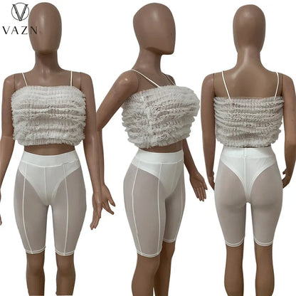 VAZN 2022 Sleeveless Dew Waist Top Elastic Short Pants Pure Color 2 Piece Set New Women Sexy Club Party Style Sets