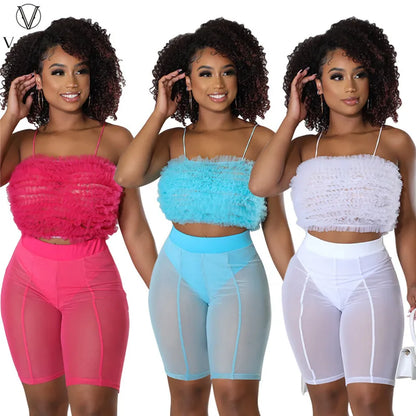 VAZN 2022 Sleeveless Dew Waist Top Elastic Short Pants Pure Color 2 Piece Set New Women Sexy Club Party Style Sets