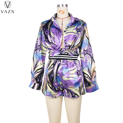 VAZN 2022 Ladies Fashion Street Girl Style Women Suit Long Sleeve Lapel Shirt Elastic Short Pants Printed Two Piece Sets