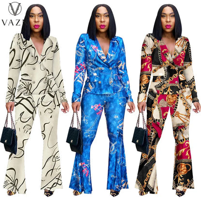 VAZN 2023 Autumn Latest Style Retro Print Office Lady Full Sleeve Suits Open Stitch +Long Boot Cut Pants Women 2 Piece Set