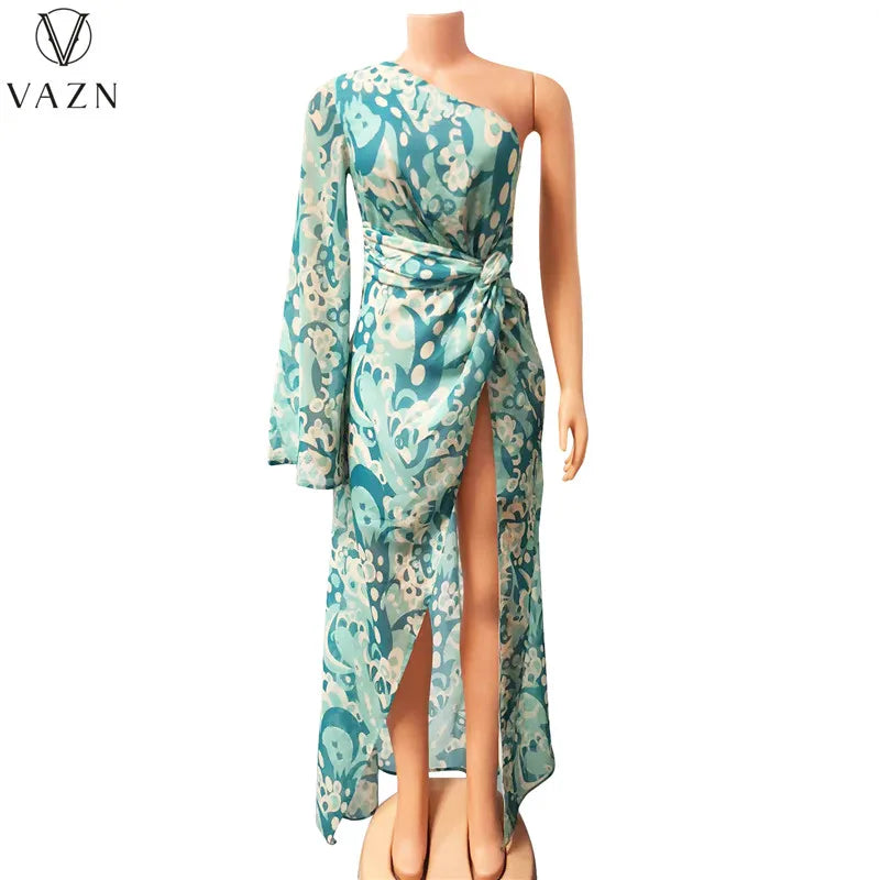 VAZN 2023  Top Quality Retro Print Young Sexy Club Chiffon Full Sleeve One Off Shoulder Women High Waist Long Spit Dress