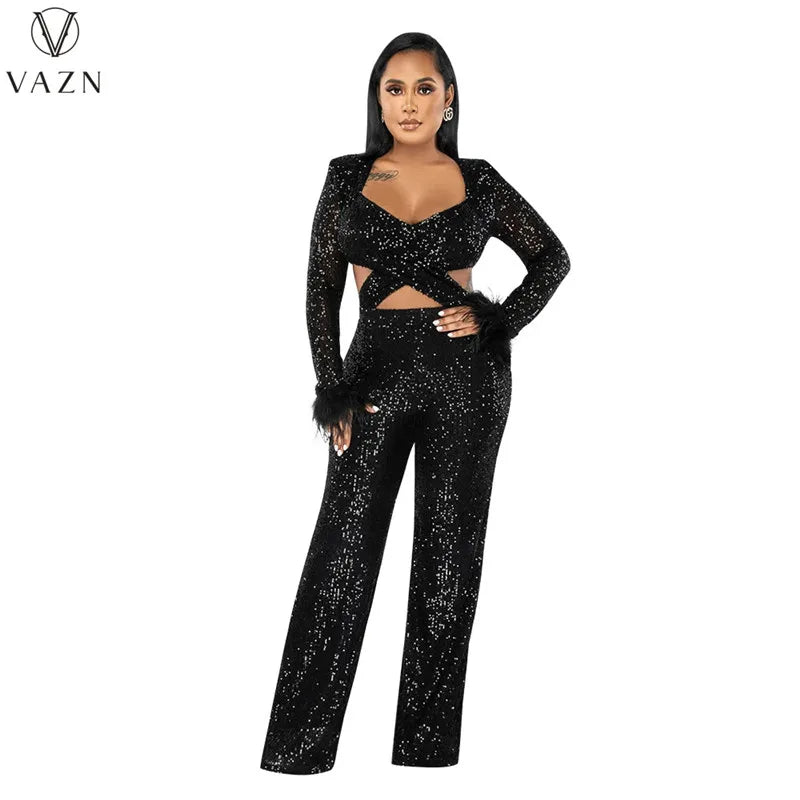 VAZN New 2023 Fashion Sexy Street Style Women Suit Long SleeveV Neck Short Top Elastic Long Pants Pure Color Two Piece Sets