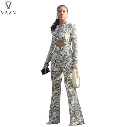 VAZN New 2022 Fashion Casual Street Style Women Suit Long Sleeve Hollow Out Top Elastic Long Pants Printed Lady Two Piece Set