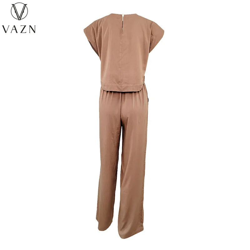 VAZN New 2023 Short Sleeve Round Neck Top Elastic Long Pants Pure Color 2 Piece Set Casual Street Style Women Suit