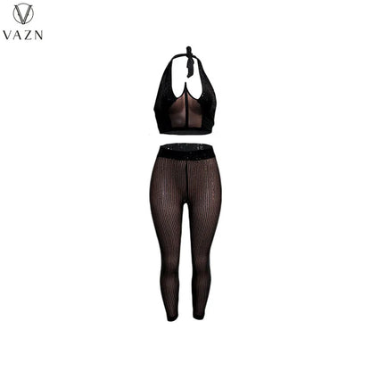 VAZN New 2022  Fashion Sexy Club Party Style Women Suit Sleeveless Dew Waist Elastic Long Pants Pure Color 2 Piece Sets