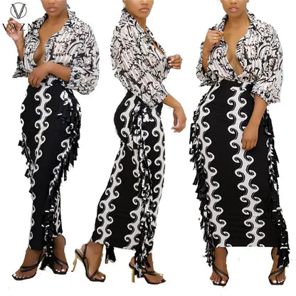 VAZN 2021 Women Fashion New Sexy High Street Style Long Skirt Elastic High Waist Printed Tight Ankle Length Skirt