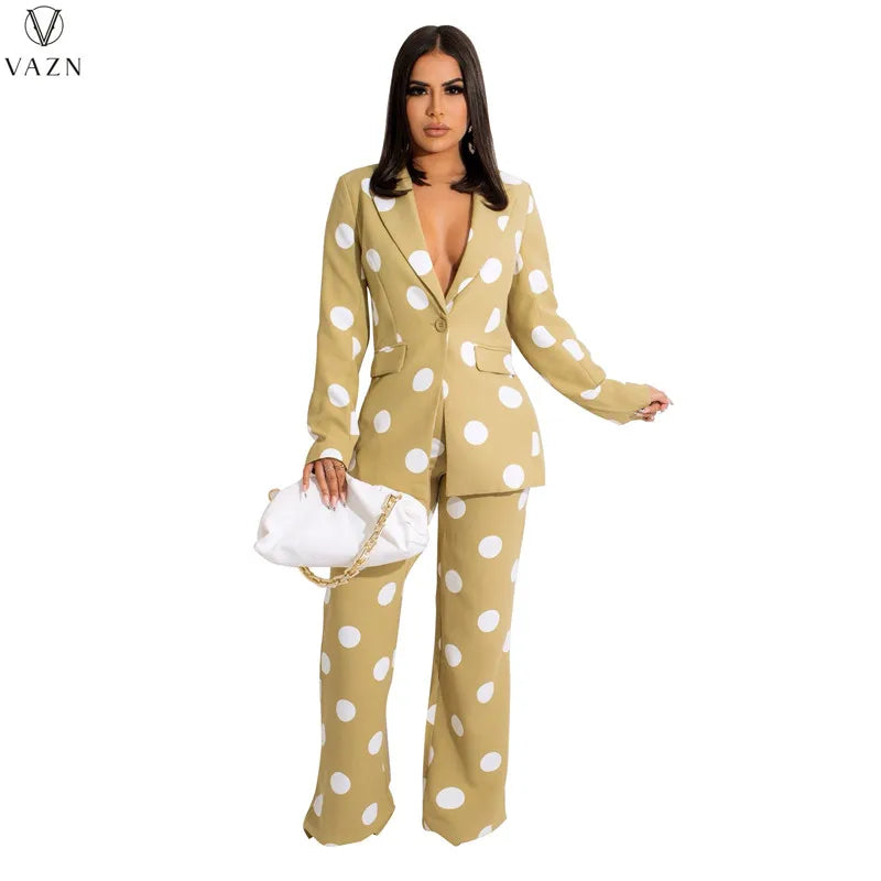 VAZN 2021 Fashion Women New Street Casual Style Sets Long Sleeve Lapel One Buttons Top Elastic Long Pants Printed Two Piece Sets