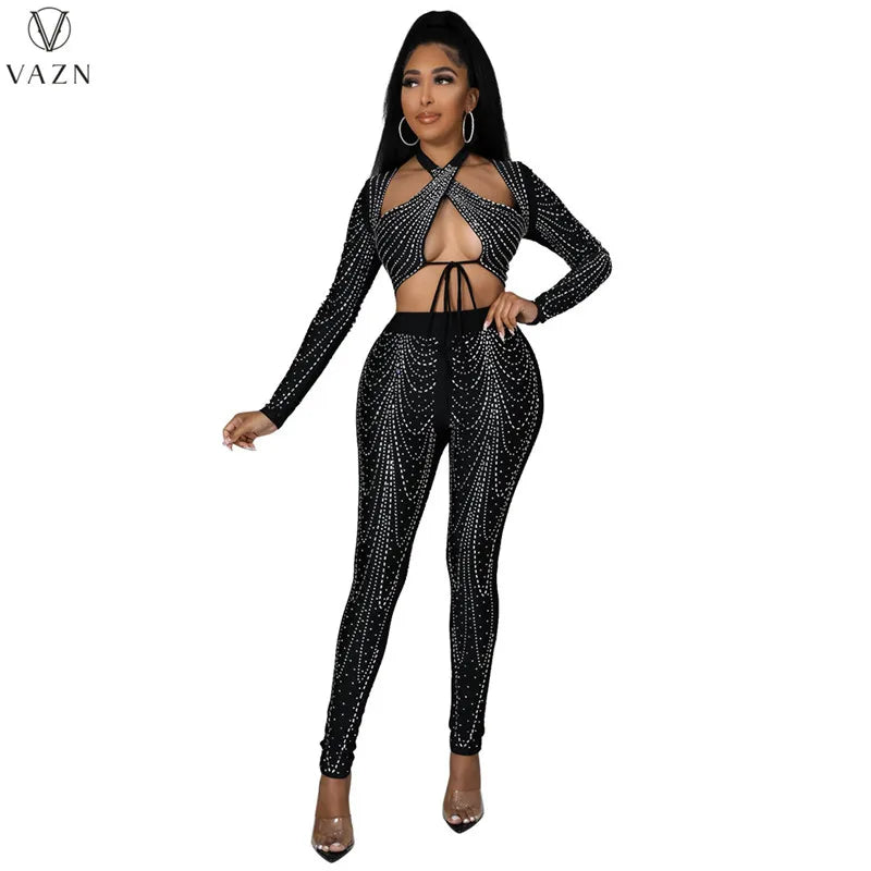 VAZN 2022 Women Suit Fashion Street Girl Style Sets Long Sleeve Short Top Zipper Long Pants Appliques Pure Color Two Piece Sets