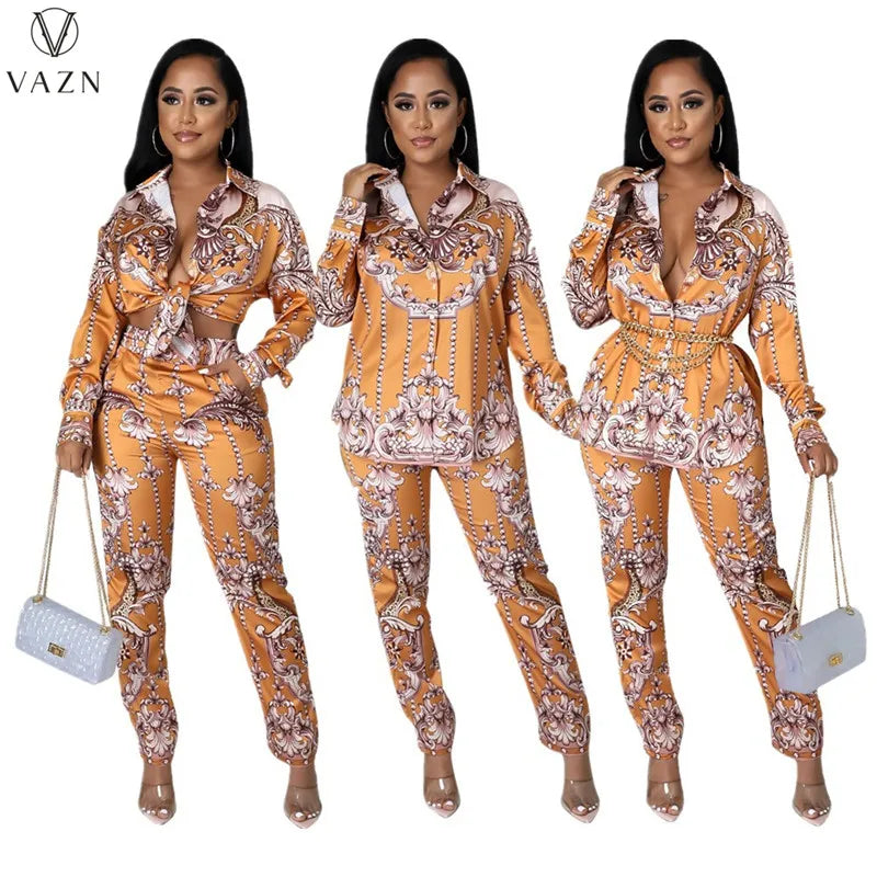 VAZN New 2021 Ladies Spring Fashion Street Casual Style Women Suit Long Sleeve Lapel Top Elastic Long Pants Two Piece Sets