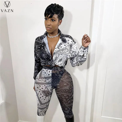 VAZN 2022 Women Suit Fashion Street Casual Style Sets Long Sleeve Lapel Top Elastic Long Pants Printed Two Piece Sets