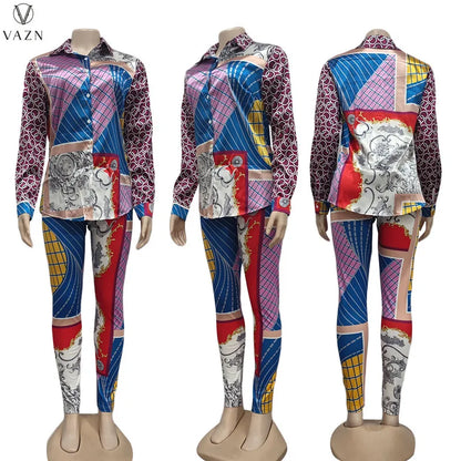 VAZN New 2021 Ladies Spring Fashion Street Casual Style Women Suit Long Sleeve Lapel Top Elastic Long Pants Printed Sets