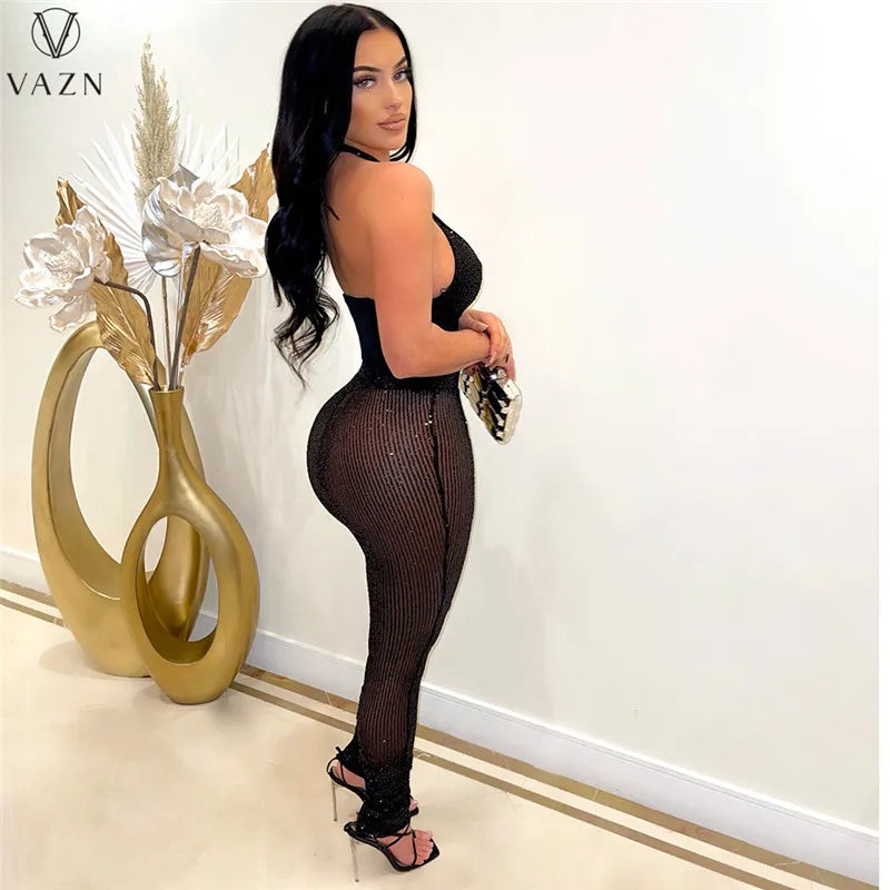 VAZN New 2022  Fashion Sexy Club Party Style Women Suit Sleeveless Dew Waist Elastic Long Pants Pure Color 2 Piece Sets