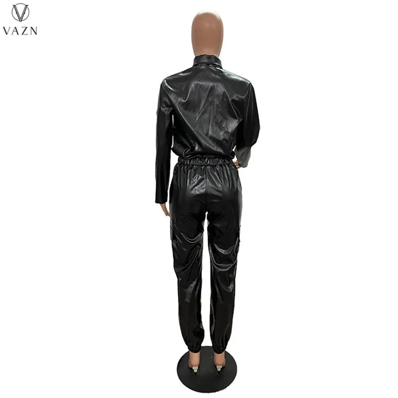 VAZN 2022 Women Fashion Hot Sale Street Casual Style Sets Long Sleeve Lapel Top Buttons Long Pants Pure Color Women Suit