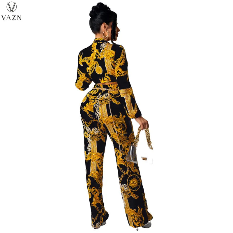 VAZN 2021 Lady Fashion New Sexy Girl Style Sets Long Sleeve Lapel Short Top Elastic Long Pants Printed 2 Piece Sets