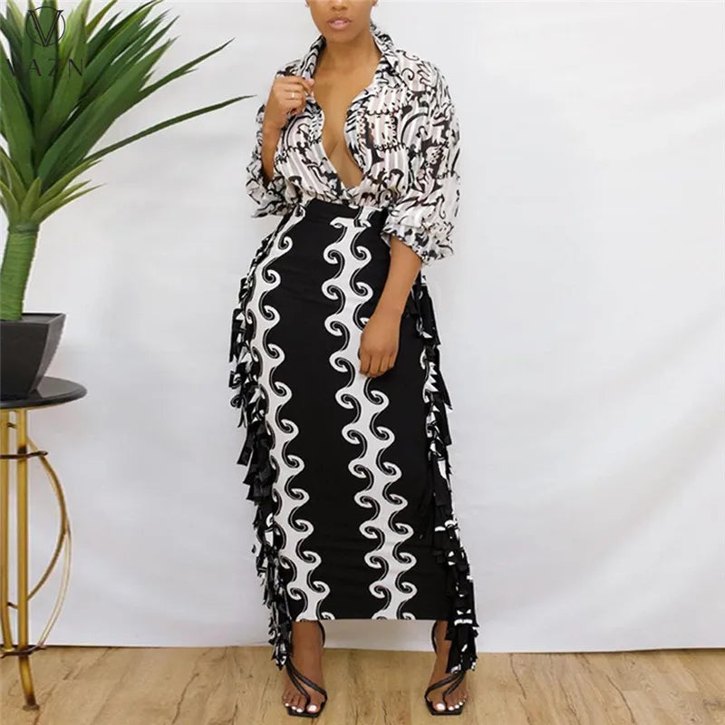 VAZN 2021 Women Fashion New Sexy High Street Style Long Skirt Elastic High Waist Printed Tight Ankle Length Skirt