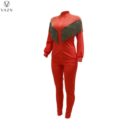 VAZN New 2021 Ladies Spring Fashion Street Casual Style Women Suit Long Sleeve Zipper Top Elastic Long Pants Two Piece Sets