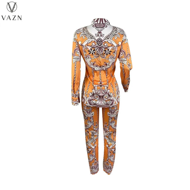 VAZN New 2021 Ladies Spring Fashion Street Casual Style Women Suit Long Sleeve Lapel Top Elastic Long Pants Two Piece Sets