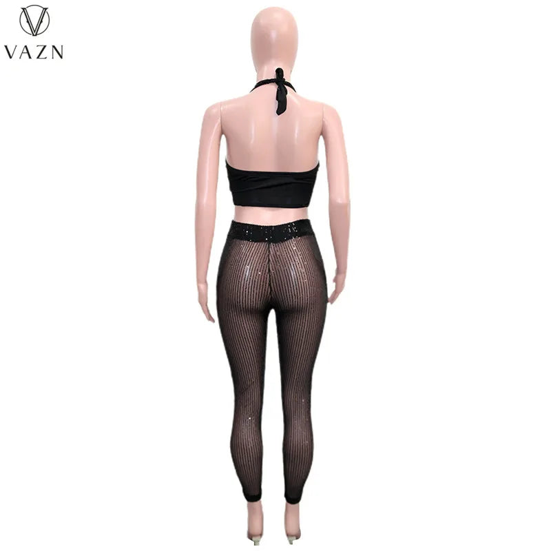 VAZN New 2022  Fashion Sexy Club Party Style Women Suit Sleeveless Dew Waist Elastic Long Pants Pure Color 2 Piece Sets