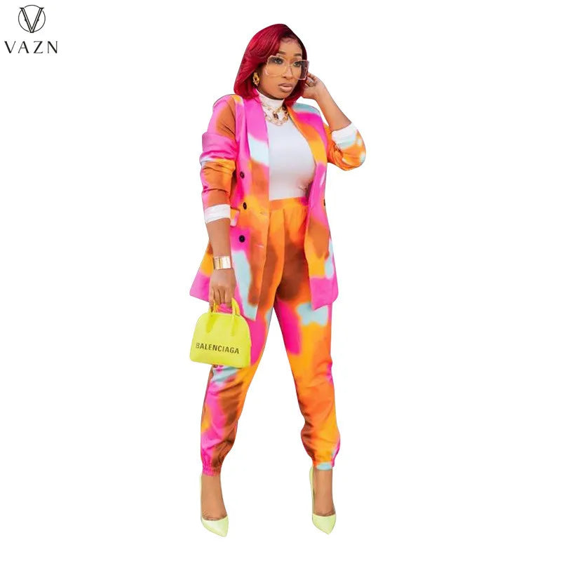 VAZN 2021 Women New Fashion Street Casual Style Sets Long Sleeve Lapel Outwear Elastic Long Pants Printed Two Piece Sets