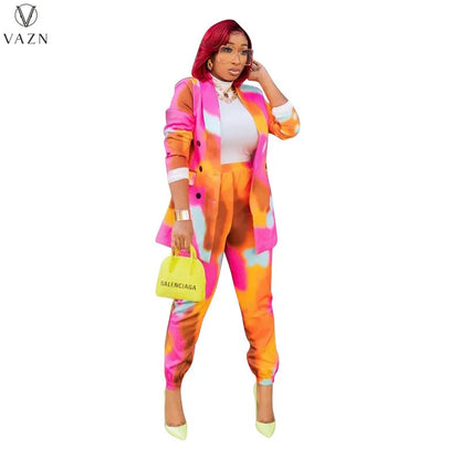 VAZN 2021 Women New Fashion Street Casual Style Sets Long Sleeve Lapel Outwear Elastic Long Pants Printed Two Piece Sets