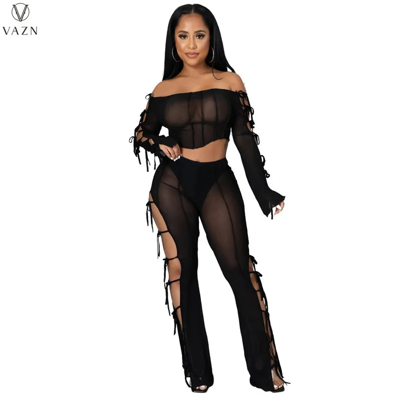 VAZN 2021 Lady Fashion New Sexy Girl Style Sets Long Sleeve Card Shoulder Short Top Elastic Long Pants Pure Color 2 Piece Sets