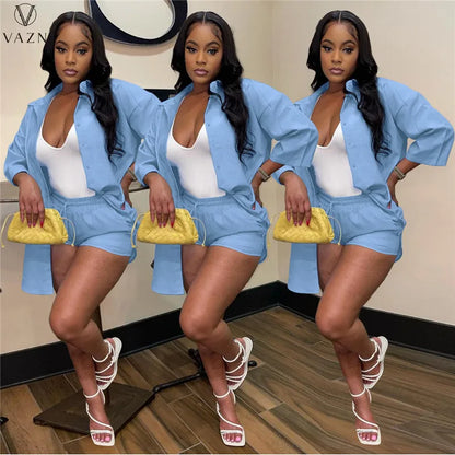 VAZN  2021 New Women Street Casual Style Sets Long Sleeve Lapel Shirt Elastic Short Pants Pure Color Two Piece Sets