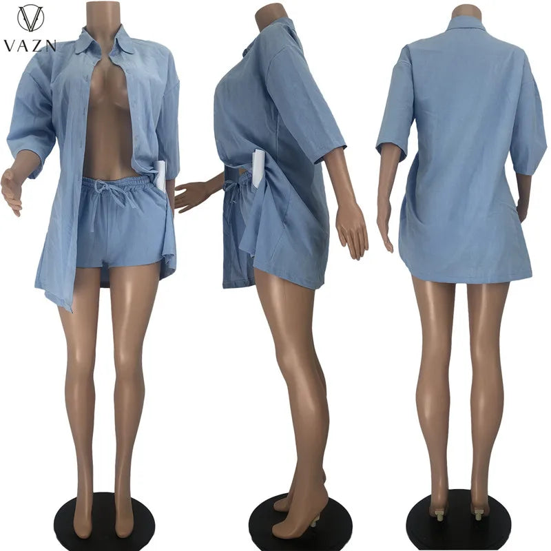 VAZN  2021 New Women Street Casual Style Sets Long Sleeve Lapel Shirt Elastic Short Pants Pure Color Two Piece Sets