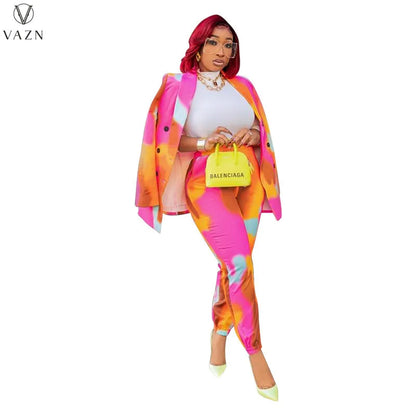 VAZN 2021 Women New Fashion Street Casual Style Sets Long Sleeve Lapel Outwear Elastic Long Pants Printed Two Piece Sets