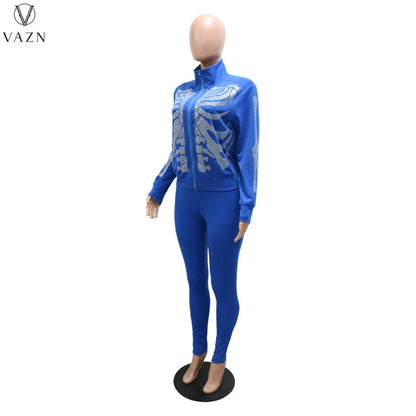 VAZN 2022 Printed Spring Women Suit New Street Casual Style New Long Sleeve Zipper Top Elastic Long Pants Two Piece Sets