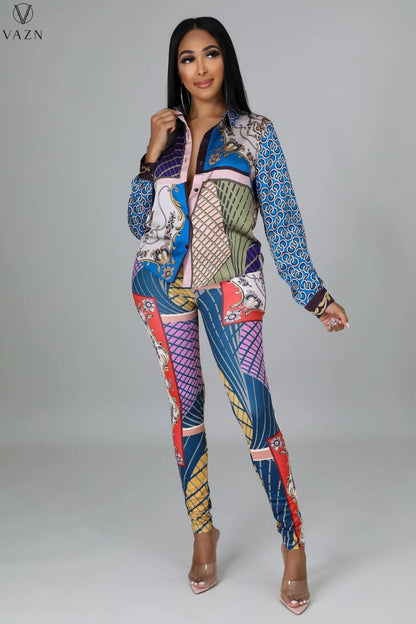 VAZN New 2021 Ladies Spring Fashion Street Casual Style Women Suit Long Sleeve Lapel Top Elastic Long Pants Printed Sets