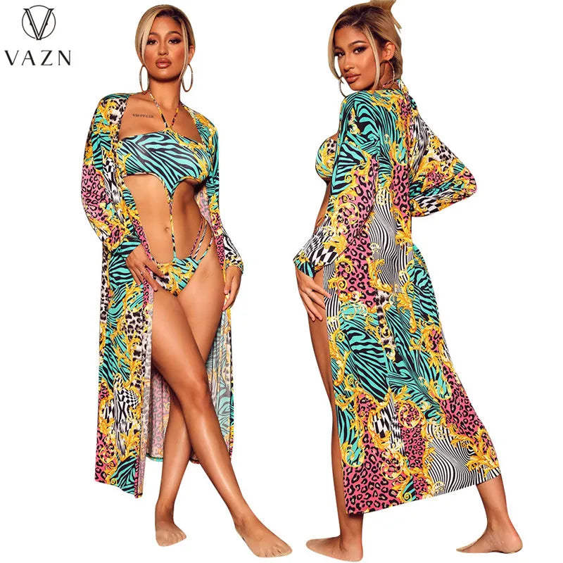 VAZN 2022 Sexy Holiday Beach Style Women Suit Sleeveless Hollow Out Jumpsuits Long Outwear Leopard Grain Lady 2 Piece Set