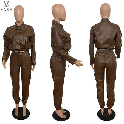 VAZN 2022 Women Fashion Hot Sale Street Casual Style Sets Long Sleeve Lapel Top Buttons Long Pants Pure Color Women Suit